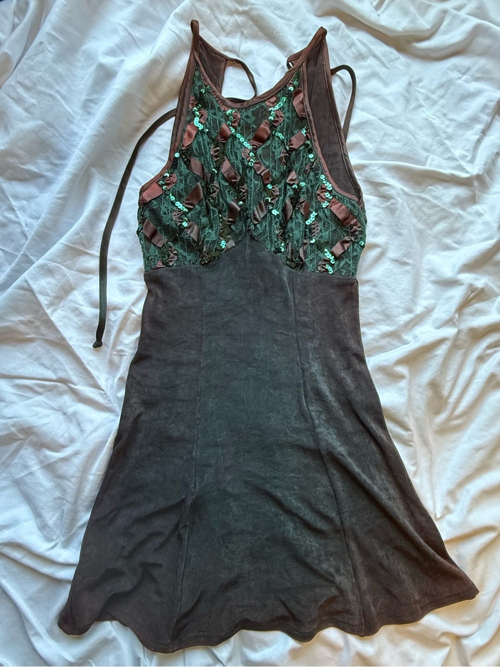 Steppin' Out Vintage 90s Dress Size 9 Green Lace Sequin Empire Waist Mini Flare